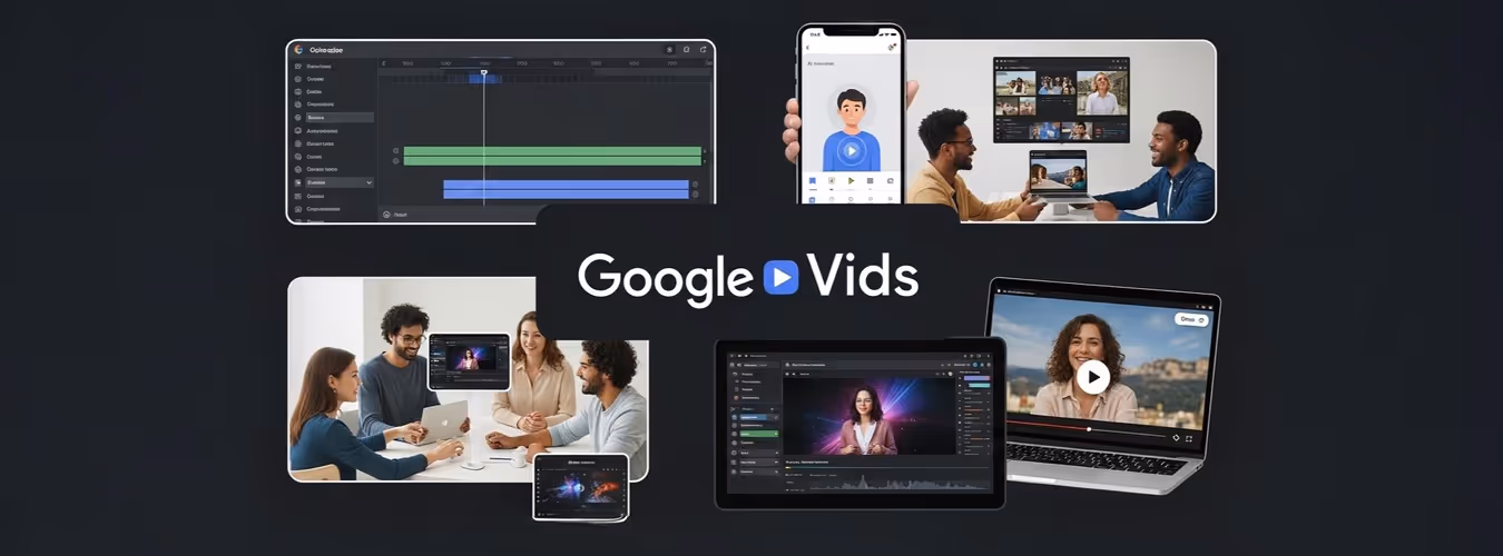 Interface do Google Vids com reuniões e edição de vídeos online