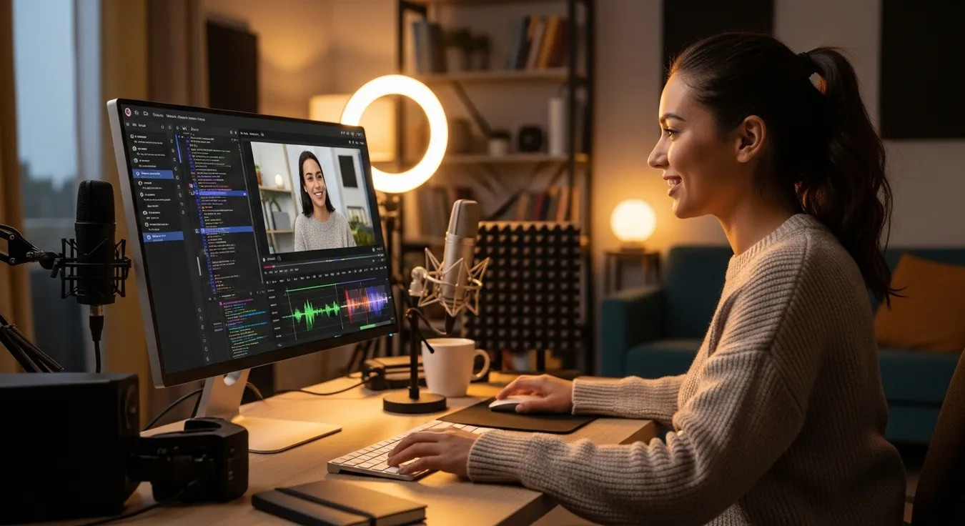 Criadora gravando vídeo com microfone e luz de estúdio