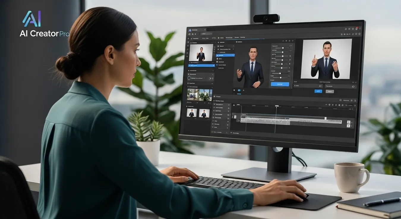 Mulher editando avatar em software de criação de vídeos IA