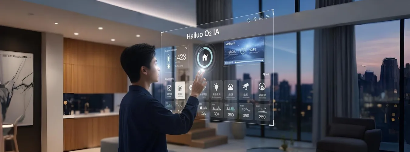 Homem interage com painel holográfico inteligente Hailuo O2 IA