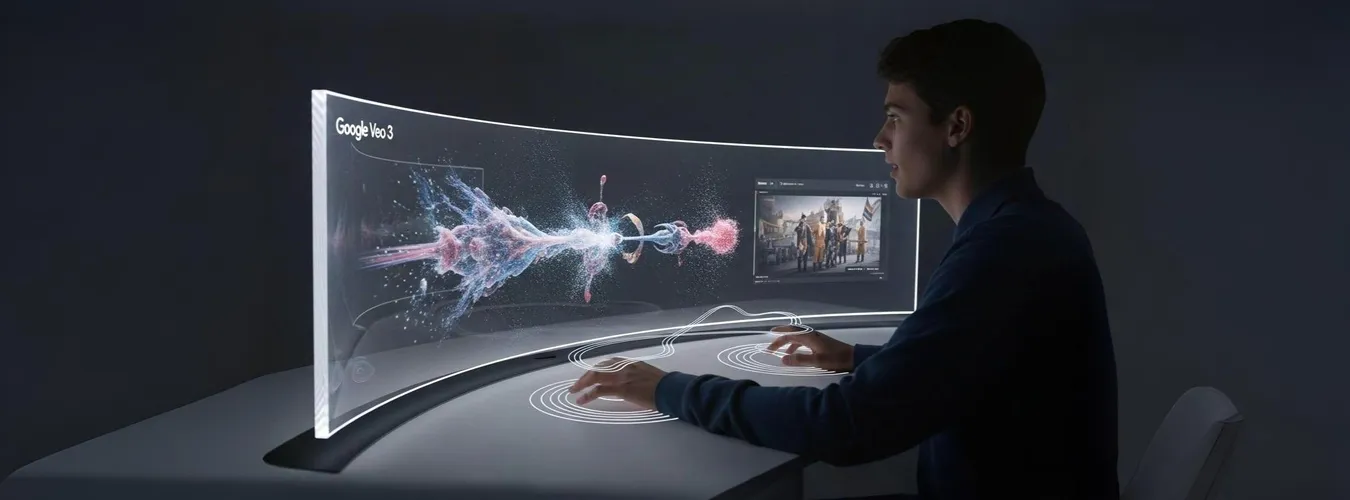 Homem opera mesa futurista com tela curva interativa 3D