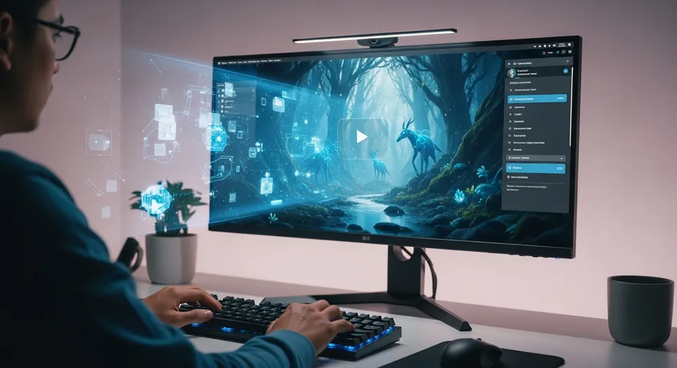 Pessoa edita vídeo de fantasia em monitor ultra-wide holográfico