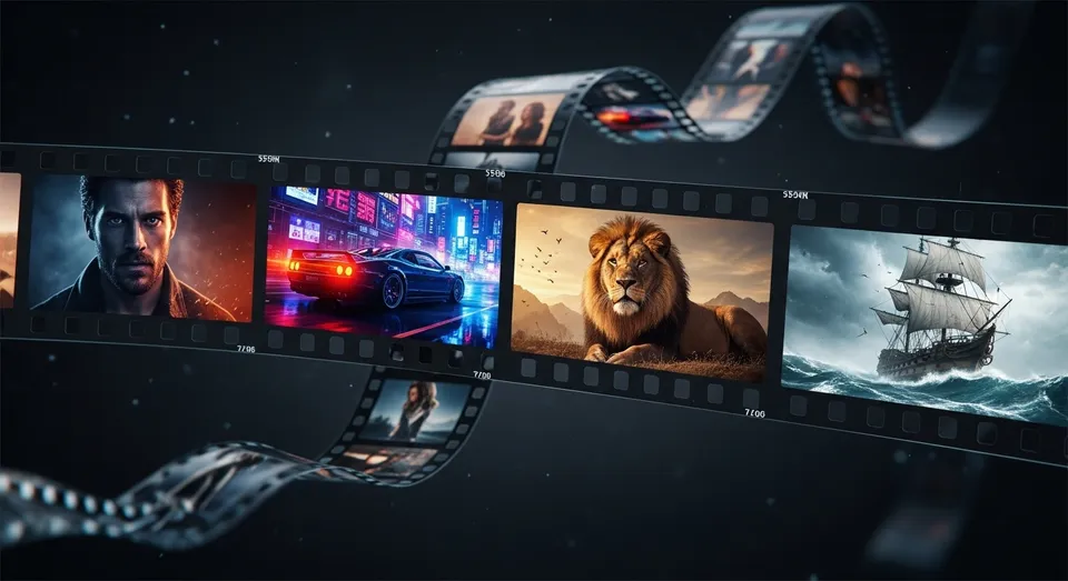 Tira de filme com leão, carro, navio e homem em cenas diversas