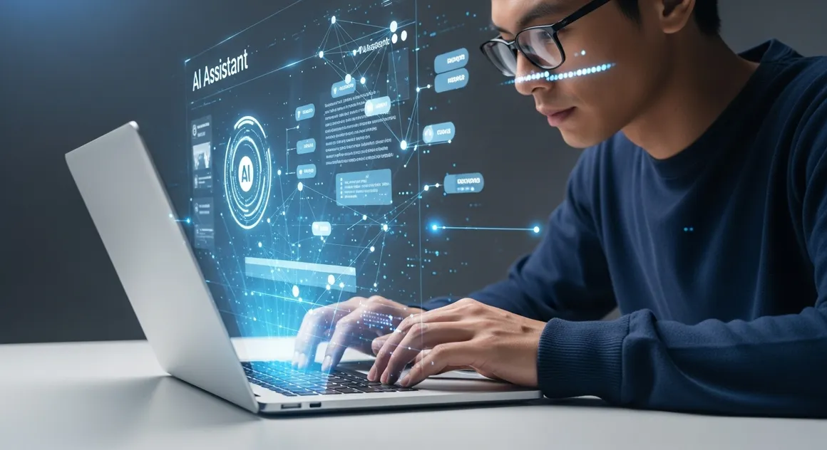 Profissional usando laptop com assistente de inteligência artificial e interface holográfica