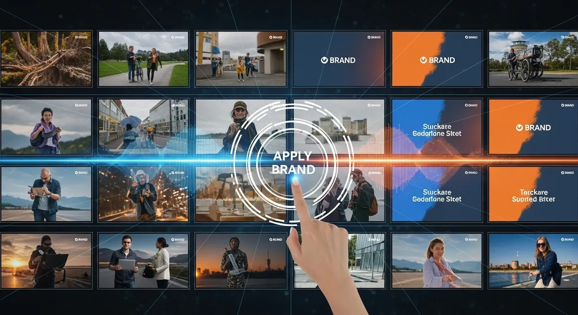 Mão interagindo com painel digital de marca e vídeos em ambiente de IA