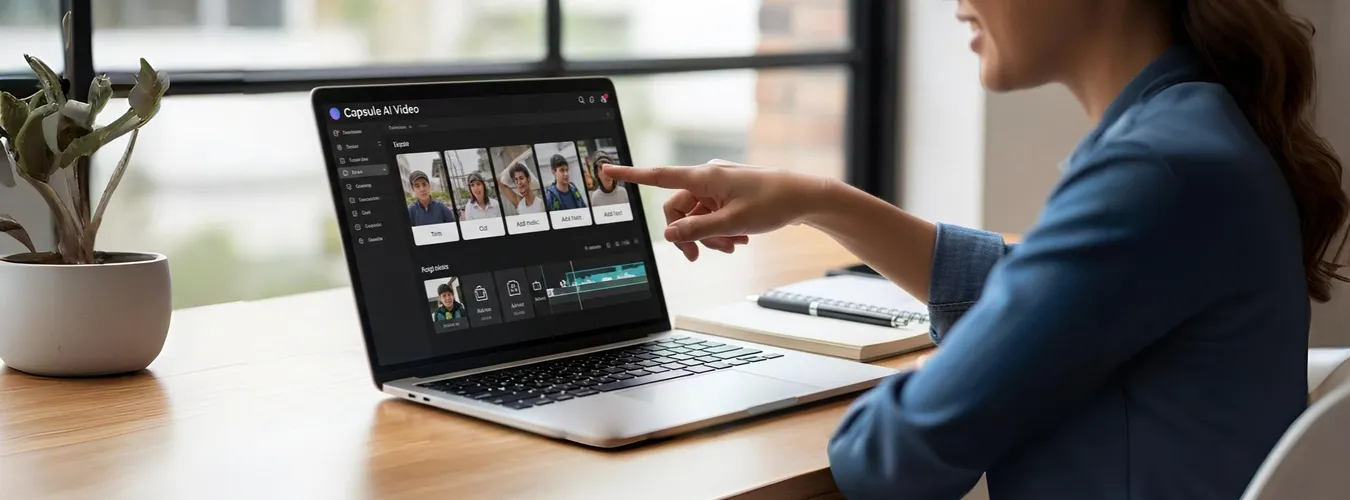 Mulher utilizando laptop para editar vídeos com inteligência artificial em ambiente de trabalho moderno