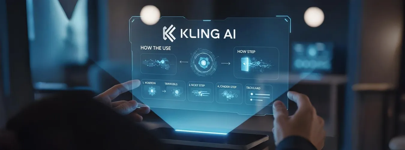 Interface holográfica mostrando painel futurista da Kling AI