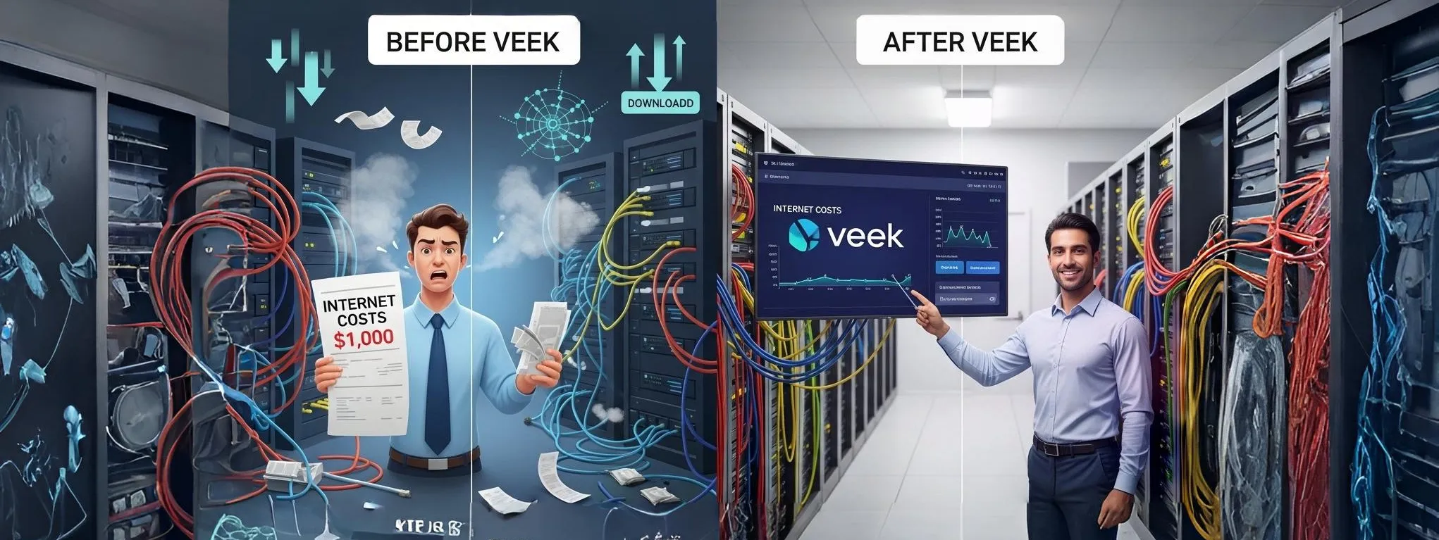 Comparativo antes e depois da Veek reduzindo custos de internet