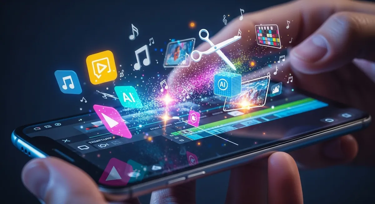 Efeitos e ícones digitais flutuando sobre tela de celular