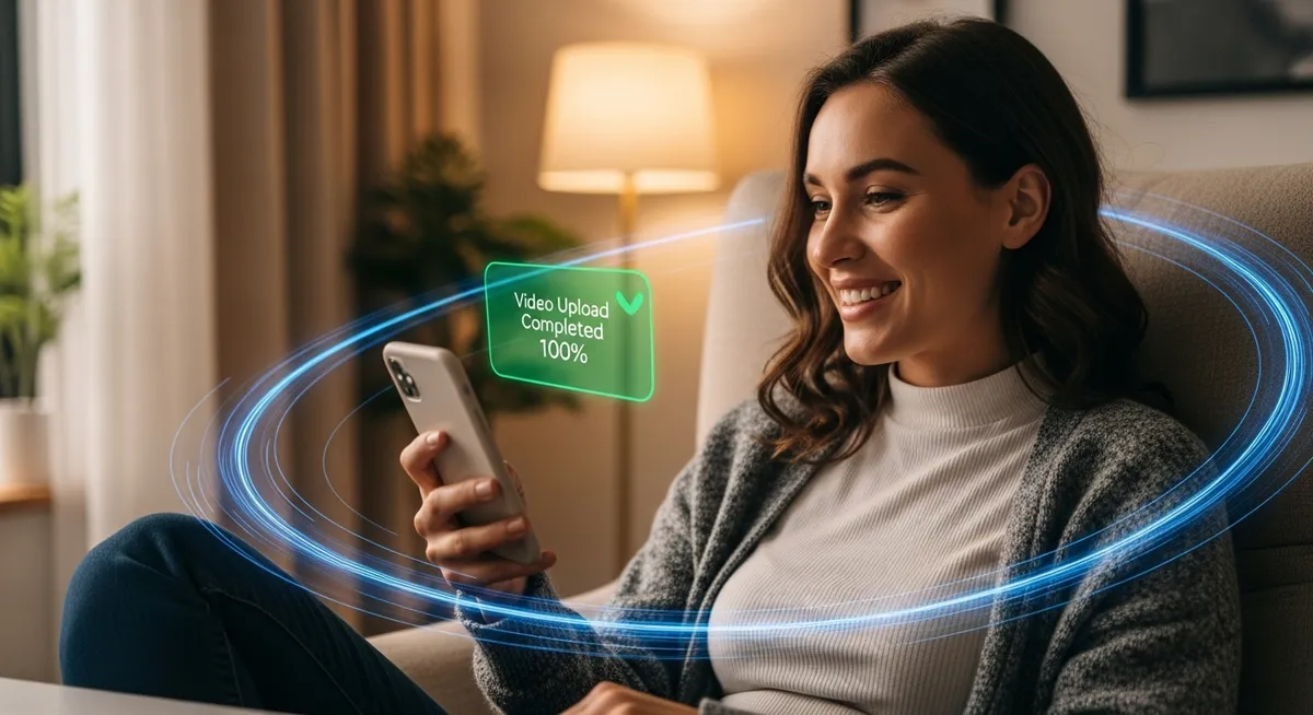 Mulher sorrindo ao concluir envio de vídeo no celular