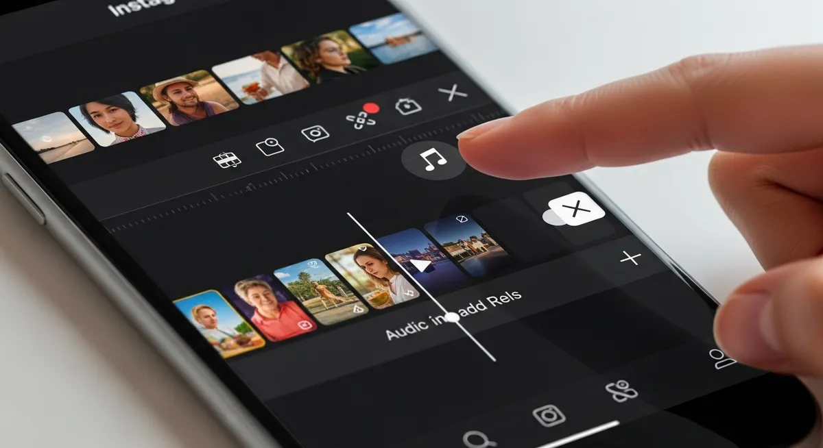 Mão ajustando trilha sonora em app de edição no celular