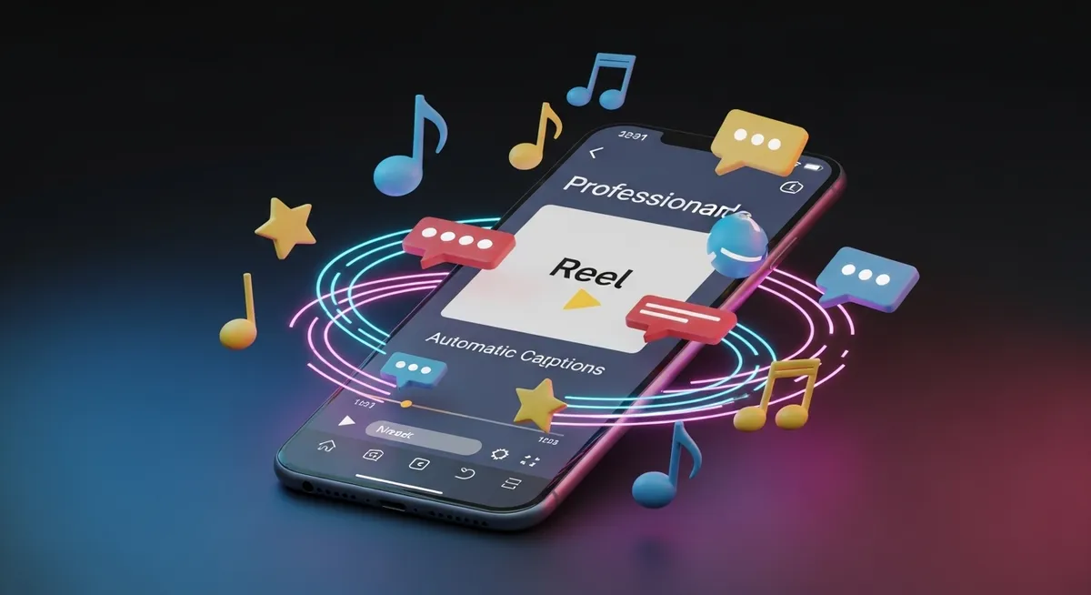 Ícones coloridos flutuam sobre celular com app de Reels