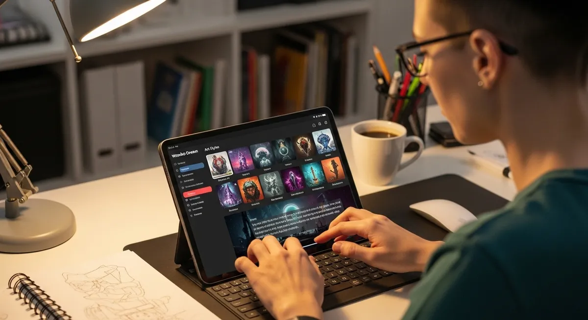 Usuário navega por estilos artísticos no Wombo Dream via tablet