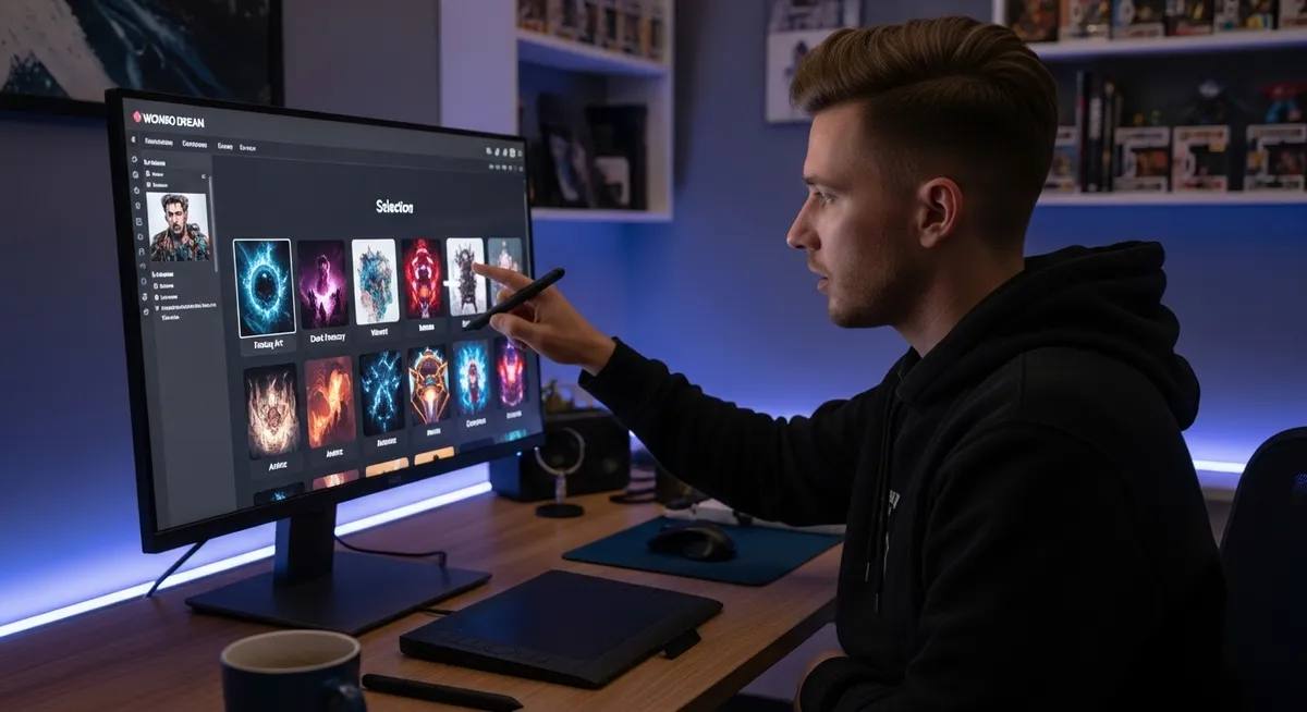 Homem escolhe estilos de arte no Wombo Dream usando monitor amplo