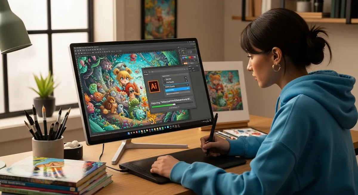 Artista cria ilustração colorida no computador usando caneta digital