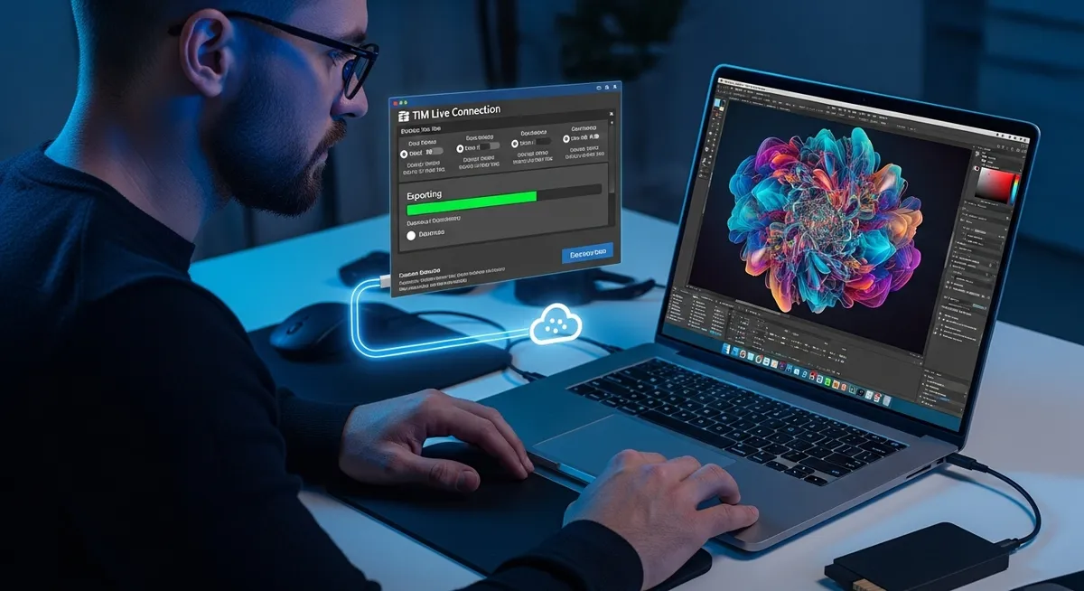 Profissional renderiza arte 3D no notebook com painel de progresso
