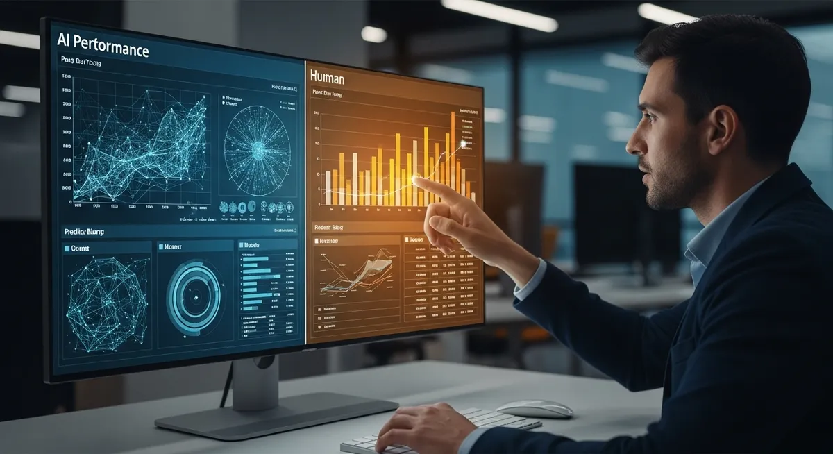 Analista avaliando gráficos de IA e métricas humanas em monitor