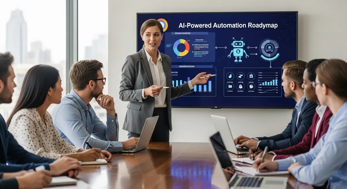 Executiva apresentando painel de automação por inteligência artificial