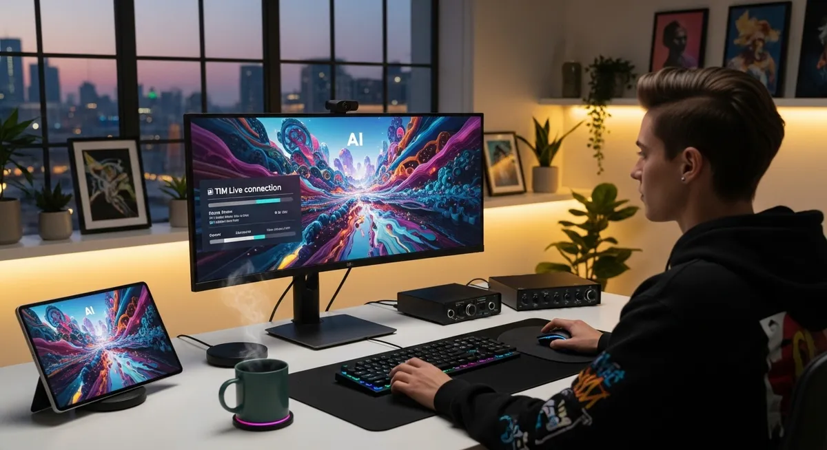 Artista digital trabalhando em setup moderno com tela de IA ativa