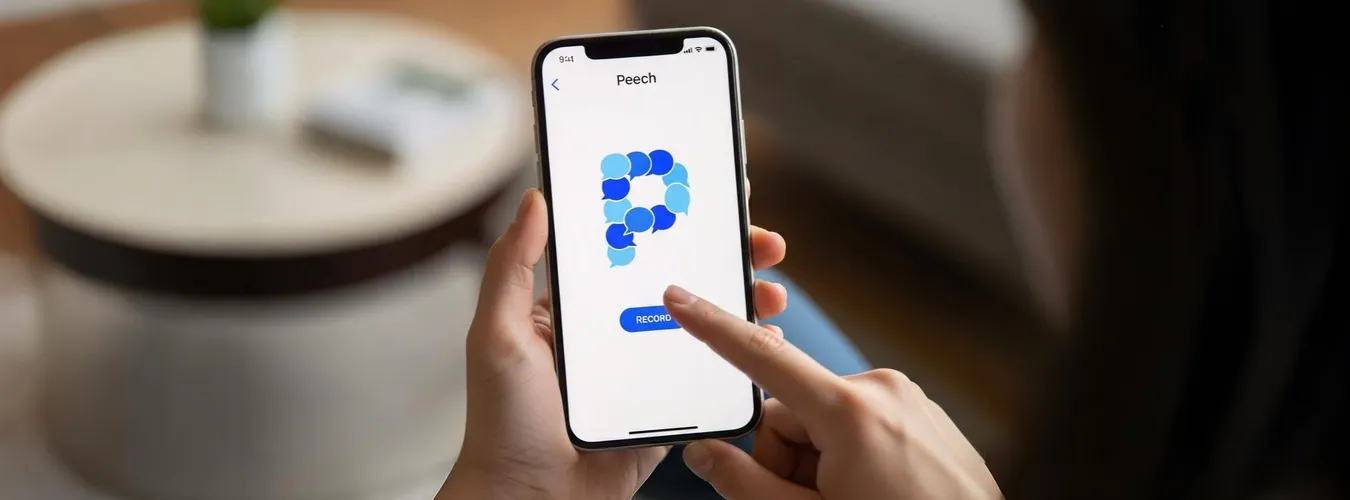 pessoa usando aplicativo peech no celular tocando botão de gravação
