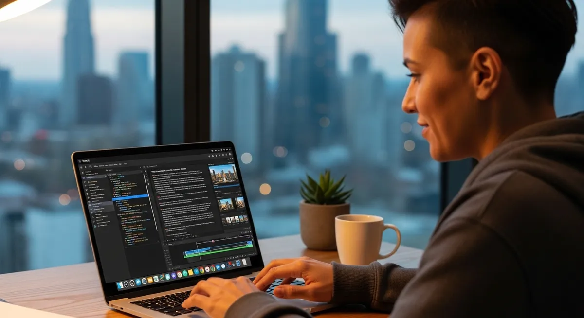 profissional editando vídeo em notebook com vista urbana ao fundo