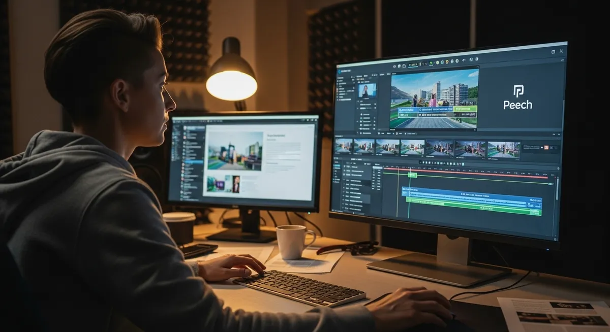 editor usando dois monitores para trabalhar em projeto avançado de vídeo