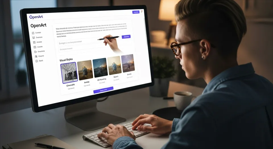 Criador seleciona estilos visuais e gera imagem no OpenArt
