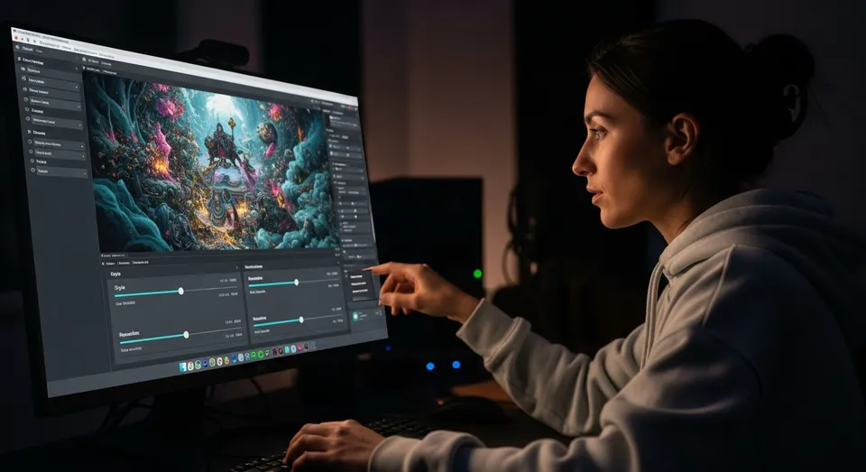 Designer ajusta arte digital detalhada em monitor amplo no estúdio