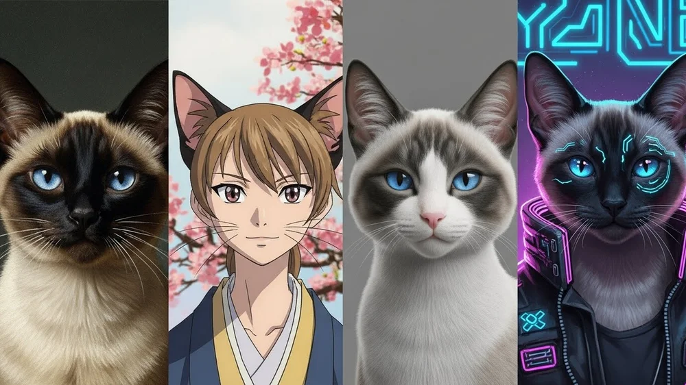 Gatos Siamês em estilos: foto, anime, realista e cyberpunk