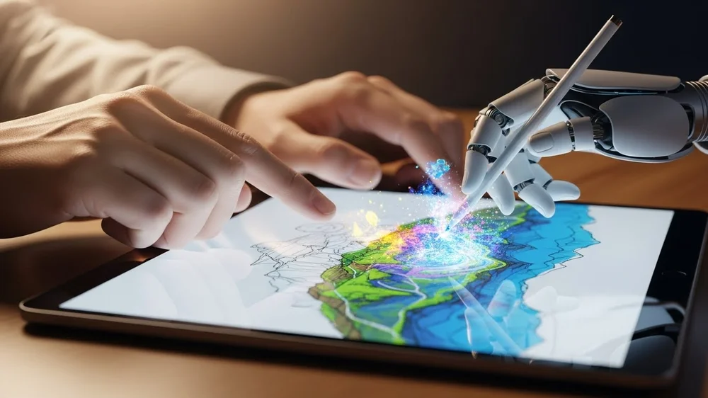 Mão humana e robô desenhando em tablet digital juntas