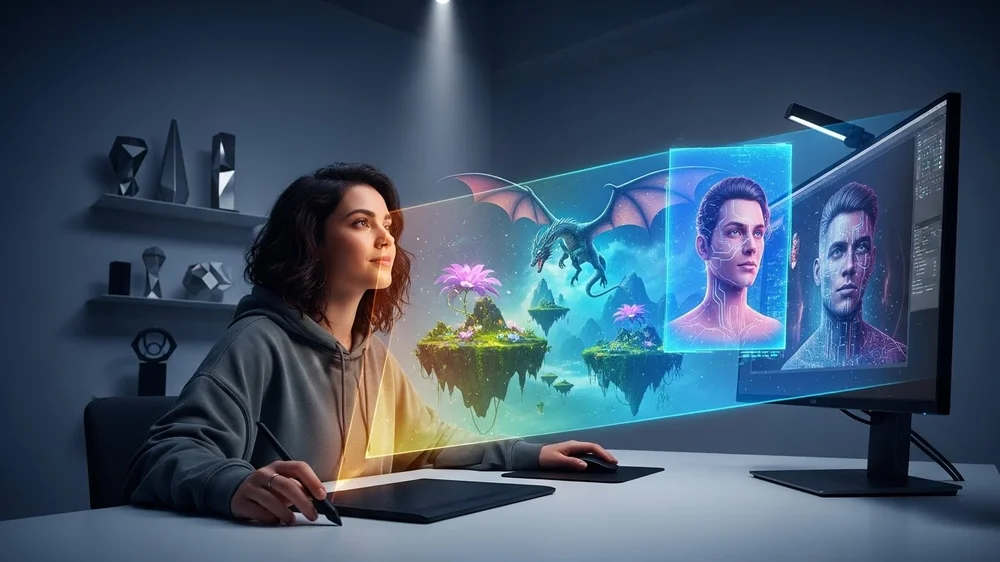 Mulher usando mesa digitalizadora, criando arte digital futurista com dragão e faces humanas