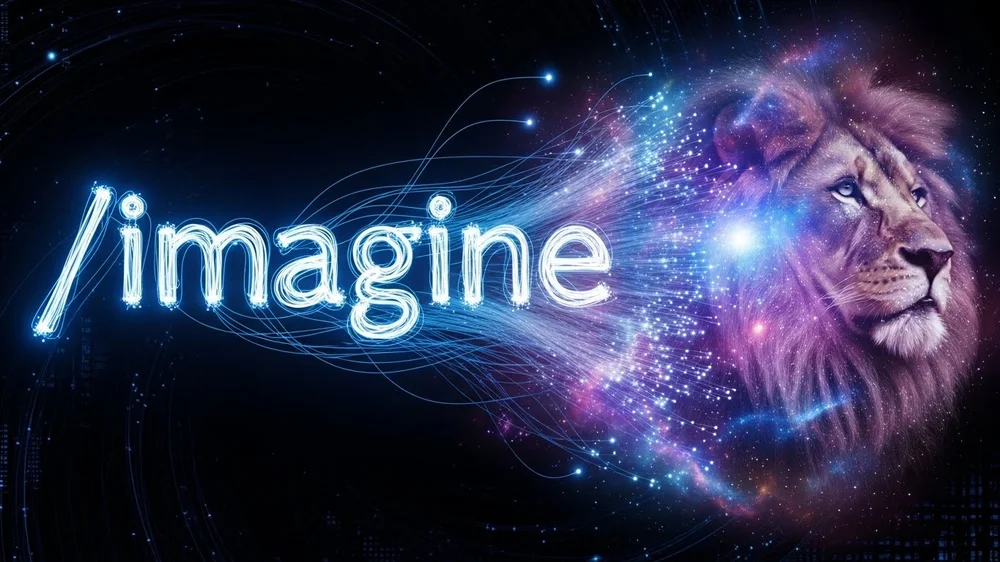 A palavra "/imagine" em neon se transformando em um leão feito de partículas brilhantes