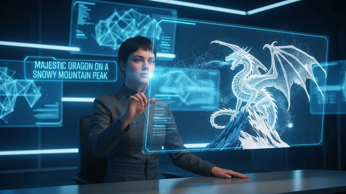Mulher interagindo com tela holográfica exibindo um dragão em pico nevado e dados.