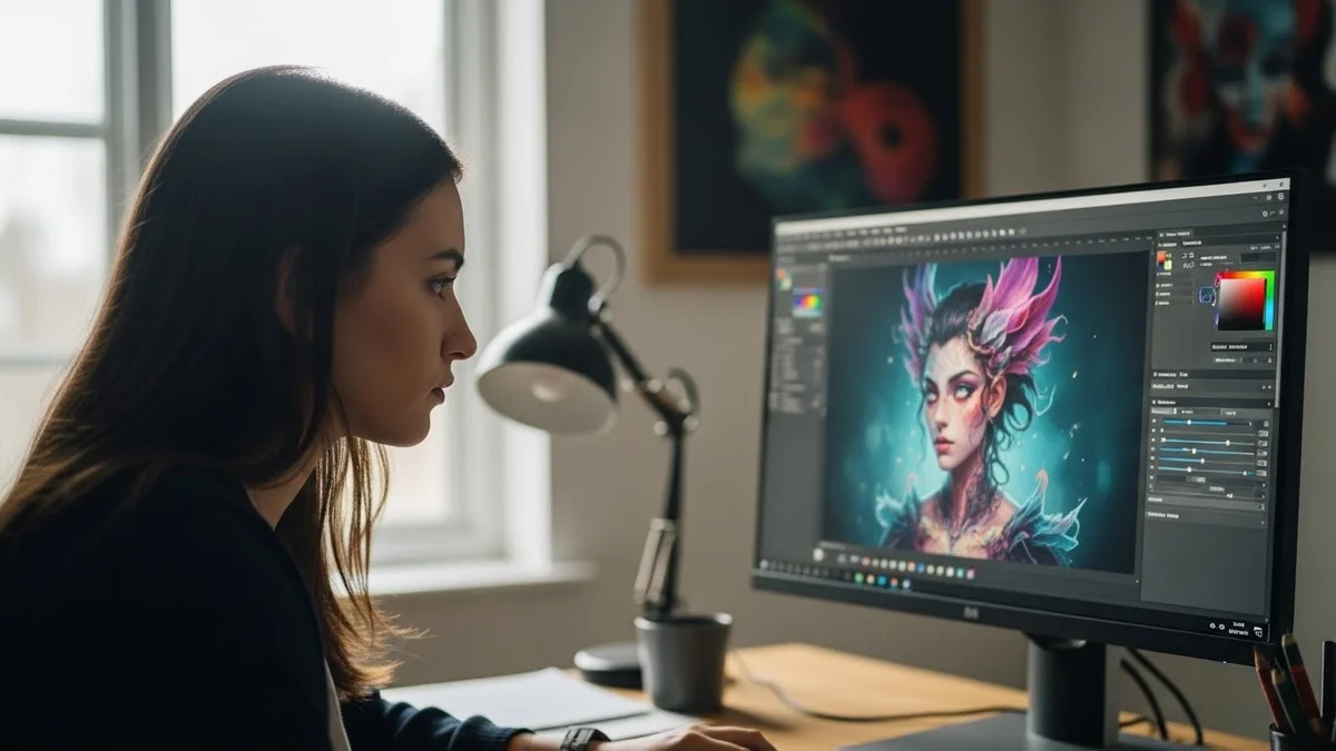 Mulher focada, trabalhando em design gráfico ou ilustração digital em um monitor.
