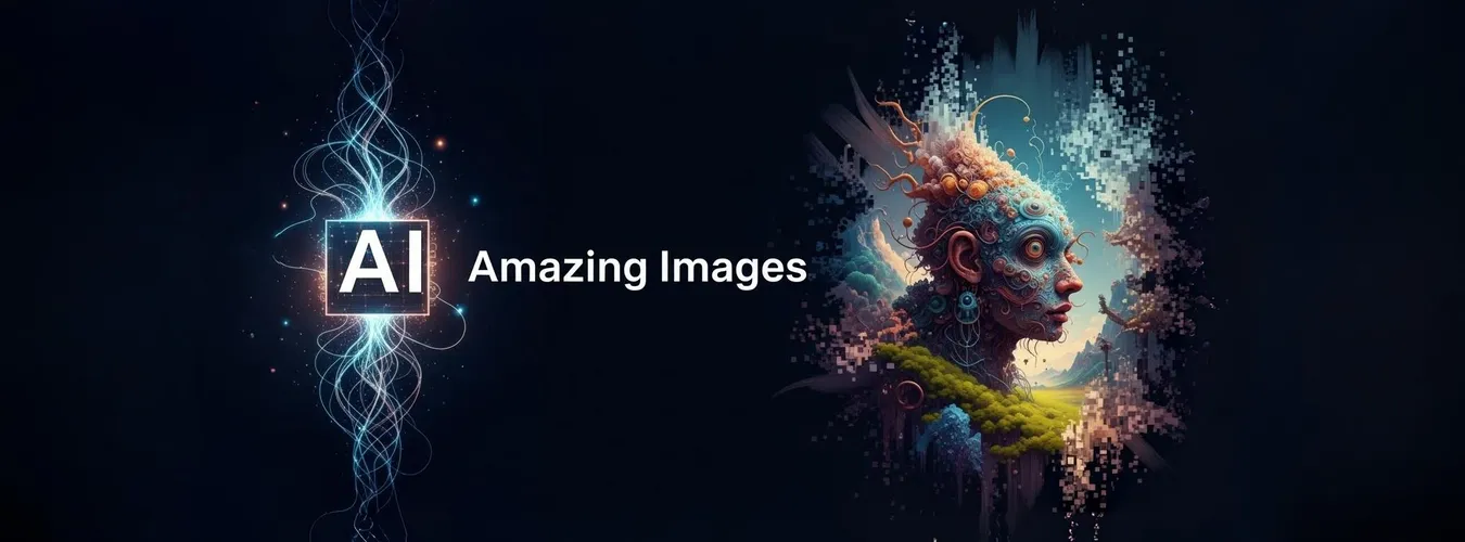 Ilustração digital surreal de um rosto de perfil colorido e detalhado ao lado do texto neon AI Amazing Images.