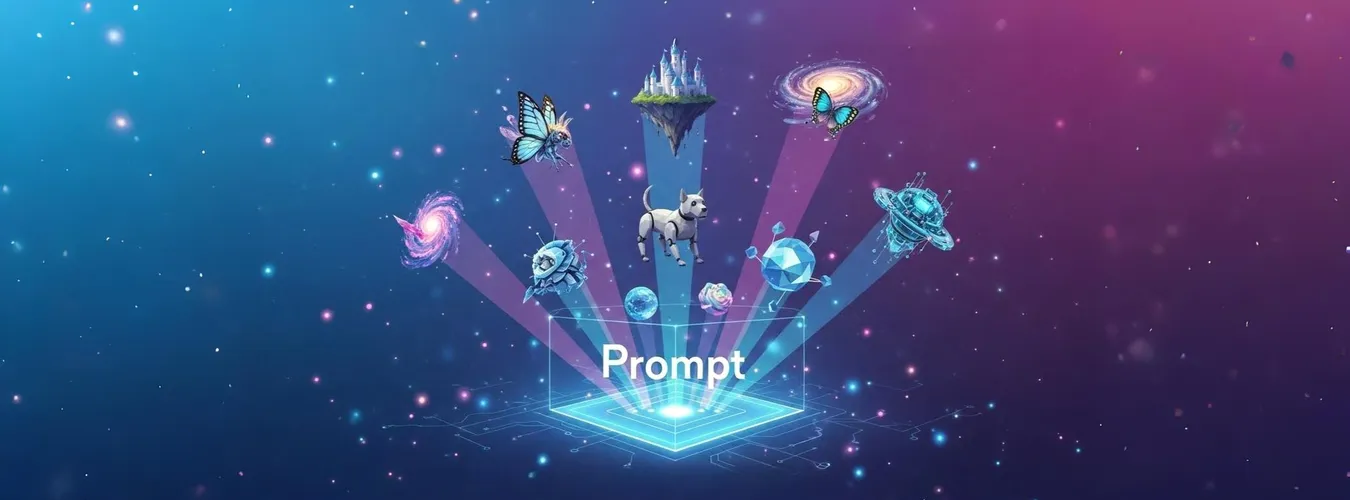Banner largo com a palavra Prompt centralizada, de onde emanam feixes de luz projetando ícones 3D de fantasia e sci-fi como um castelo flutuante e um cão robô, sobre fundo gradiente estrelado.
