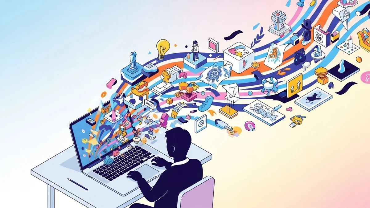 Criação digital e fluxo de trabalho de ideias no computador.