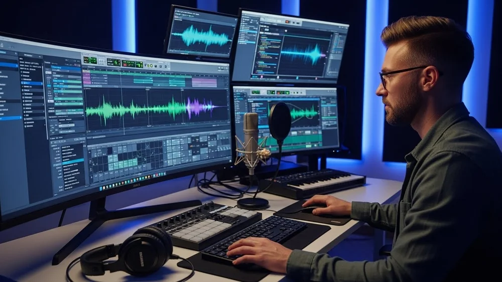 Produtor de áudio trabalhando em um estúdio com múltiplos monitores mostrando formas de onda de áudio, microfone e teclado controlador.