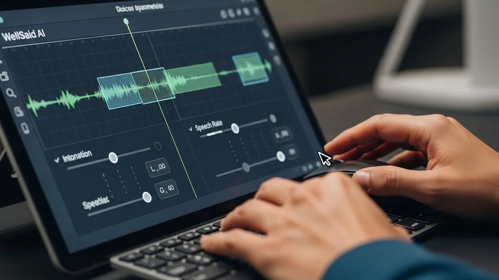 Software de edição de áudio com IA (WellSaid AI) sendo usado em um laptop para ajustar entonação e taxa de fala em uma forma de onda.