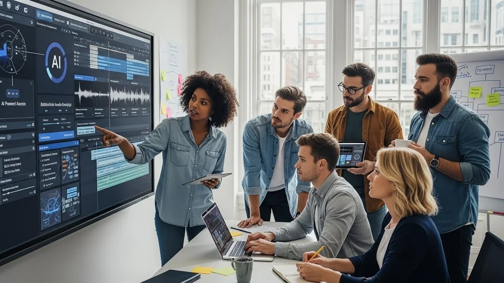 Equipe de marketing ou produção de conteúdo em reunião, analisando dados de áudio, performance de IA e métricas em uma tela grande.