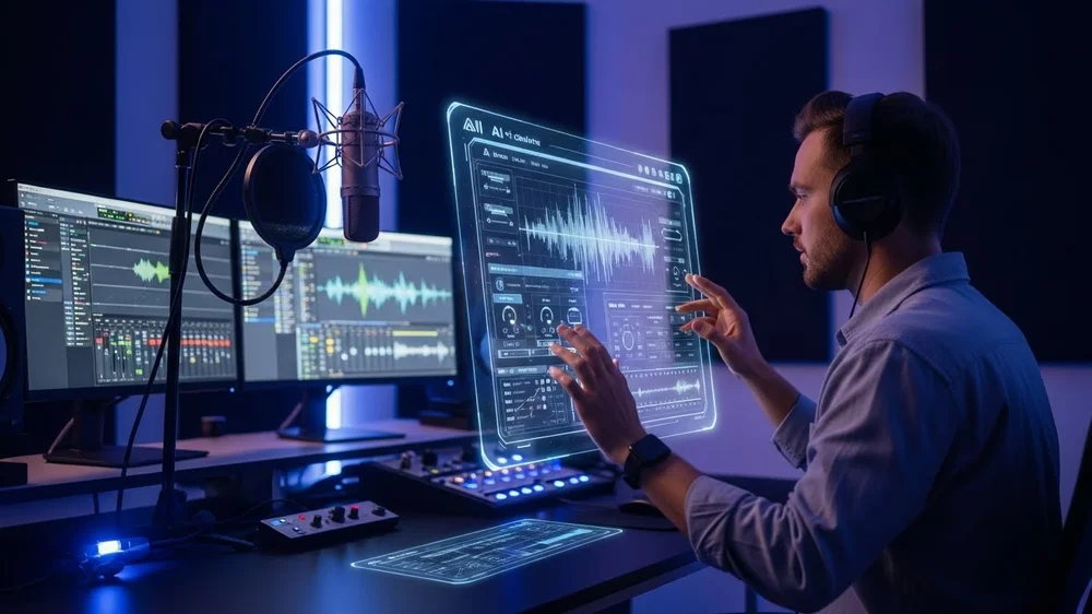 Produtor de áudio ajusta interface holográfica em estúdio escuro.