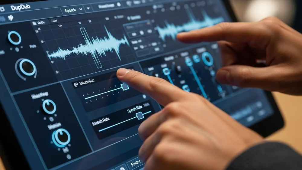 Close-up de dedos ajustando controles de fala em software de áudio.