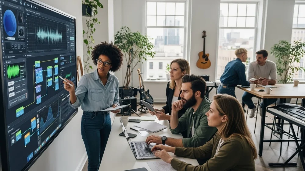 Apresentação de edição de áudio digital em tela grande no escritório.