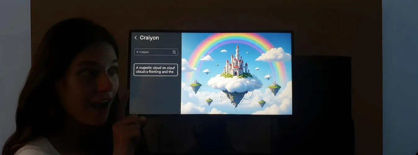 Pessoa mostrando o resultado de uma imagem gerada por inteligência artificial na tela do computador, destacando um castelo de fantasia nas nuvens criado pela ferramenta Craiyon.