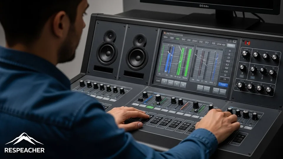 Close das mãos de um técnico operando um console de mixagem digital avançado com monitores exibindo ondas sonoras e o logotipo "RESPEACHER" no canto inferior.