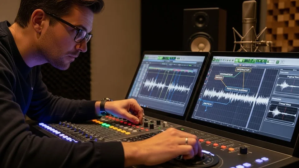 Homem de óculos focado ajustando controles em uma mesa de som profissional enquanto observa ondas de áudio detalhadas em dois monitores de computador.