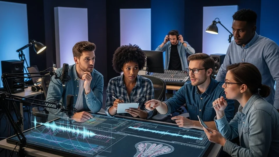 Equipe diversificada de profissionais reunida em torno de uma mesa digital interativa analisando gráficos de ondas sonoras e dados de voz em um estúdio.