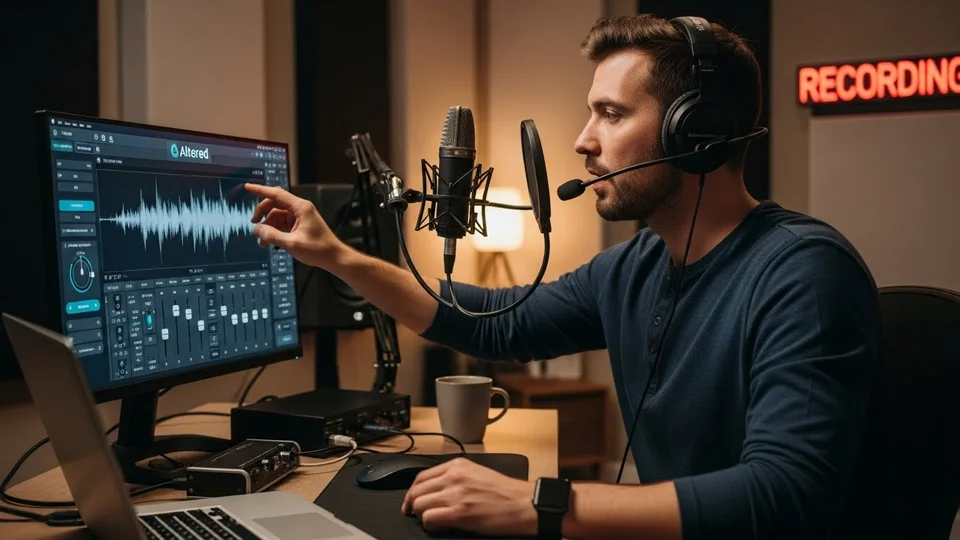 Homem em um estúdio usando fones de ouvido e apontando para uma onda sonora em um monitor com software de edição.