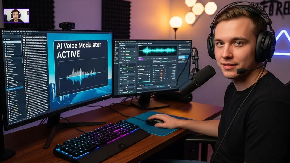Jovem usando headset em um setup gamer com dois monitores, um deles exibindo a mensagem "AI Voice Modulator ACTIVE".