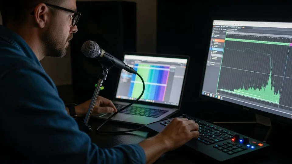 Close lateral de um homem de óculos falando ao microfone enquanto monitora gráficos de frequência em duas telas de computador.